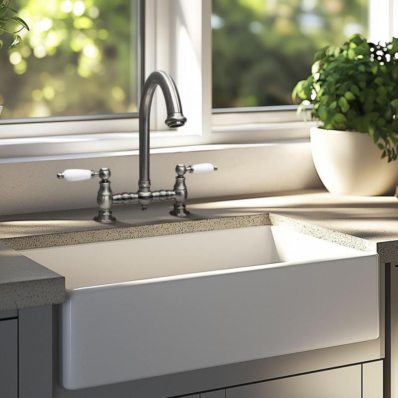 PB Nostalginen silta-keittiöhana RST pyöreä juoksuputki valkoisilla kahvoilla PBN.RST.R.WH