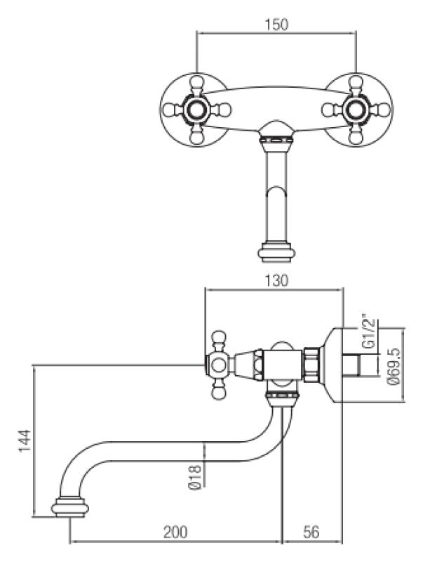 PB Nostalginen keittiöhana Classic C seinäasennettava hana ruostumaton teräs 10.2722