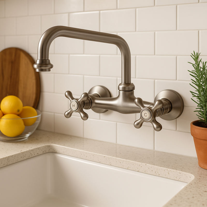 PB Nostalginen keittiöhana V2723 seinäasennushana ruostumatonta terästä