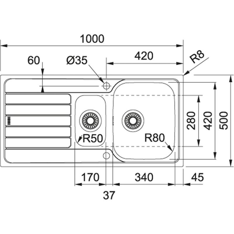 Franke Spark SKX 651 puolitoista ruostumattomasta teräksestä valmistettu yläpuolinen tiskiallas valutustasolla, käännettävä 101.0315.546