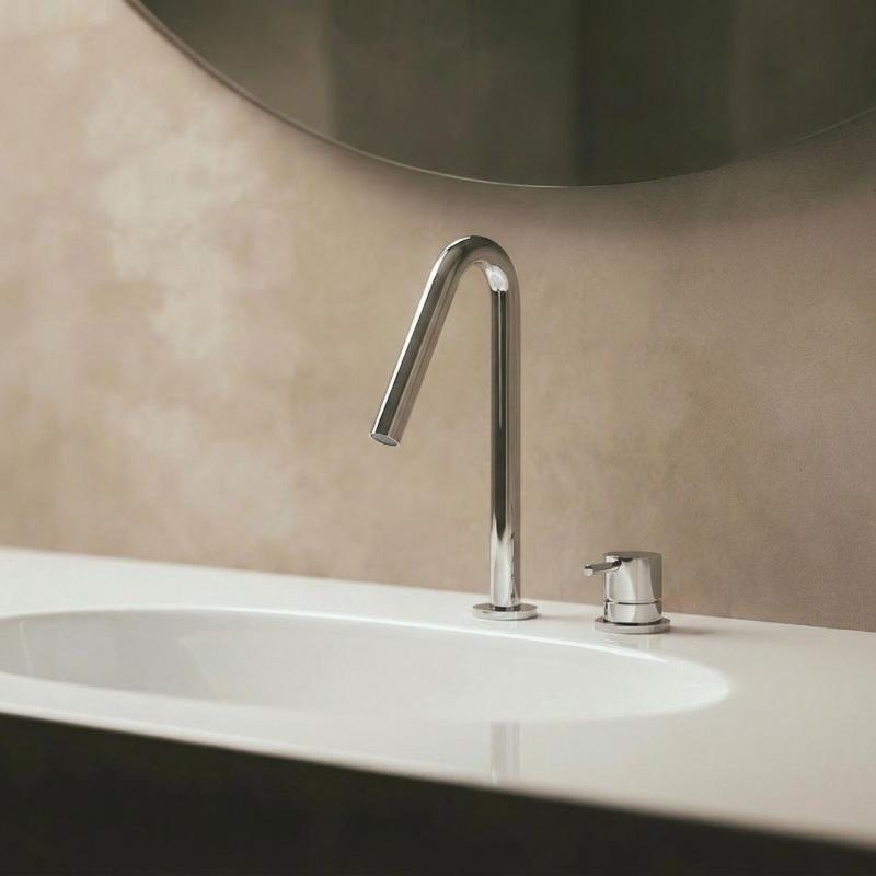 Waterevolution Flow 2-reikäinen pesuallashana kromi, jossa pieni V 120 mm:n juoksuputki T1121V01