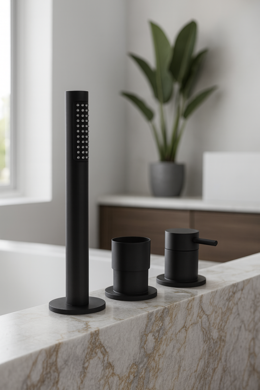 Waterevolution Flow 3-reikäinen kylpyammehana kylpyammeen reunaan asennettavaksi mattamusta T138SBPR