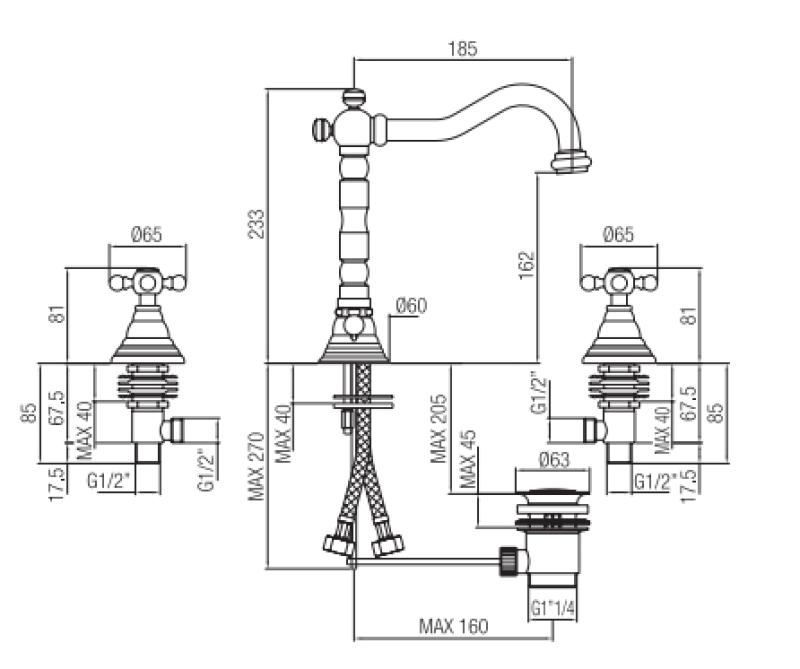 PB klassinen 3-reikäinen pesuallashana tähtikahvat 18,5 cm juoksuputki Pronssi 1208854942