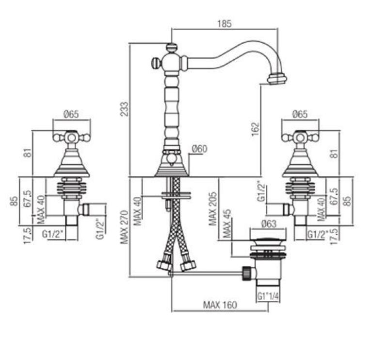 PB klassieke 3-gats wastafelkraan met sterknoppen, uitloop 18,5 cm, RVS 1208854952
