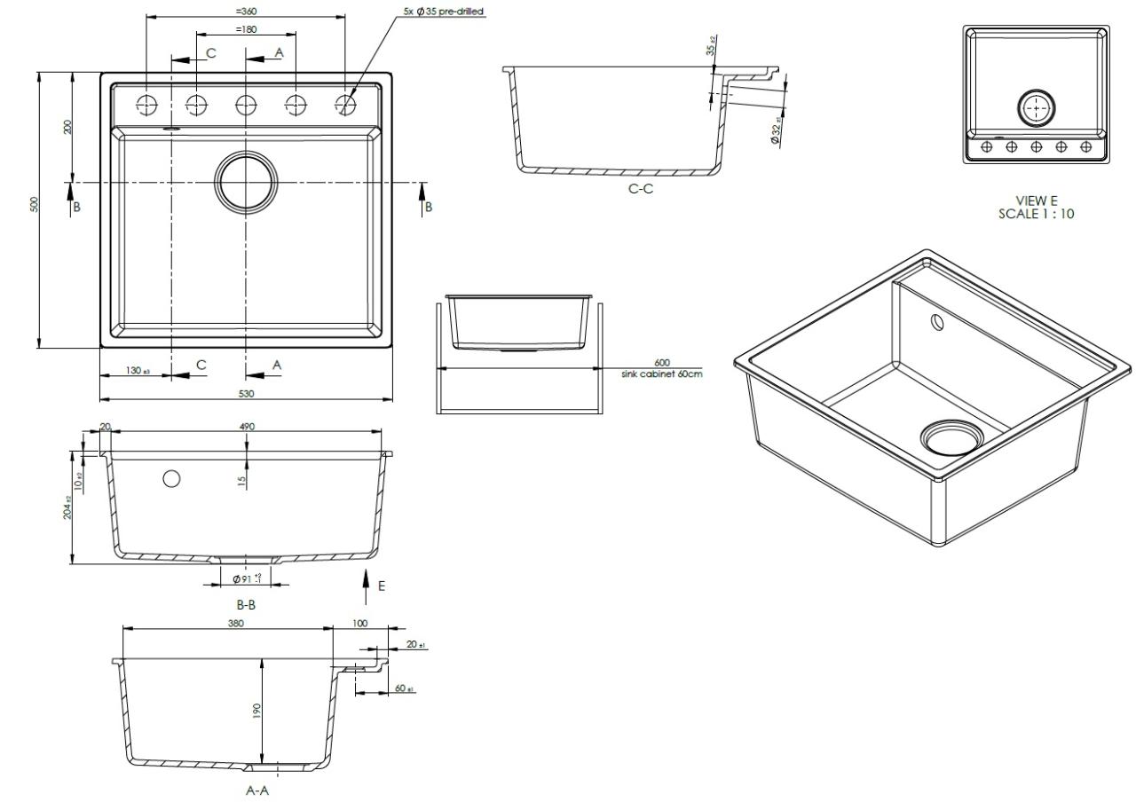 GraniteMy Bremen graniittinen pesuallas 53x50 cm musta päällipuolinen, upotettava ja tasoon asennettava hanareiällä, RUOSTUMATTOMASTA TERÄKSESTÄ TULPPA