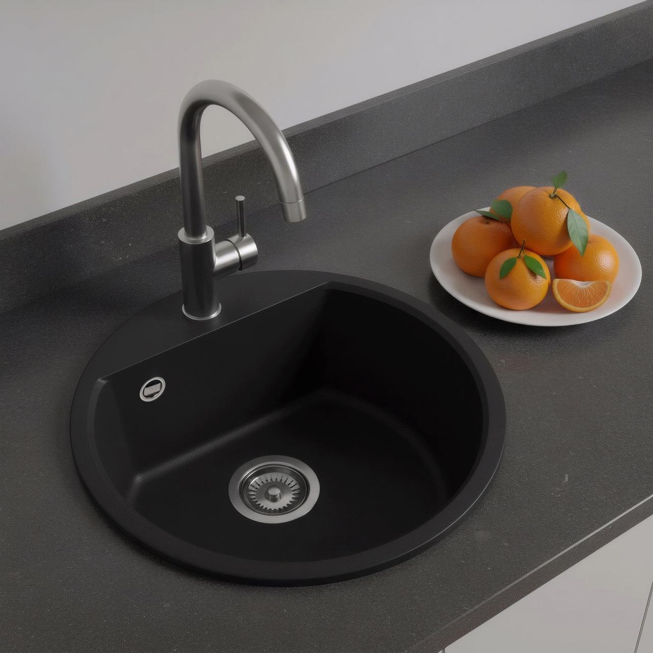 GraniteMy Bremen pyöreä graniittiallas 43 cm musta pinta-asennus ja upotus hanareikätasolla ruostumattomasta teräksestä valmistetulla tulpalla 1208953206 - Productafbeelding 2