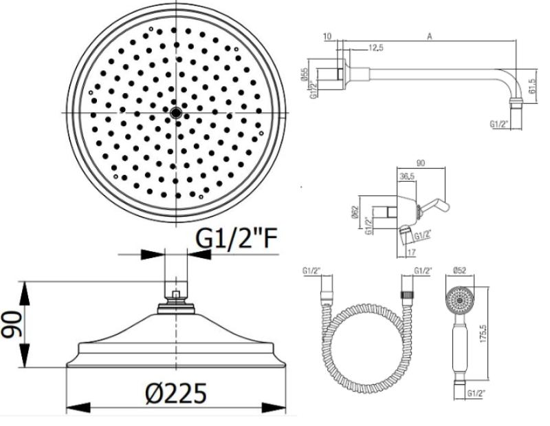 PB classic nostalginen klassinen upotettu suihkusarja kromilla käsisuihkulla ja 225 mm sadesuihkulla 1208953841
