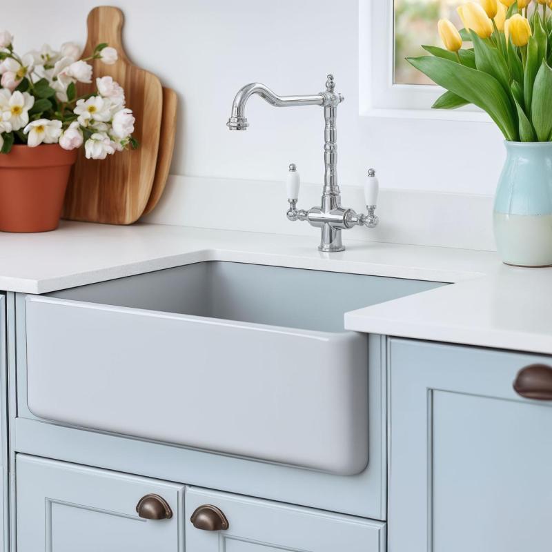 PB Nostalginen klassinen maalaiskeittiön hana kromi valkoisilla kahvoilla 1208953911