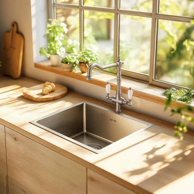 PB Nostalginen klassinen maalaistyylinen keittiöhana ruostumattomasta teräksestä valkoisilla kahvoilla 1208953915