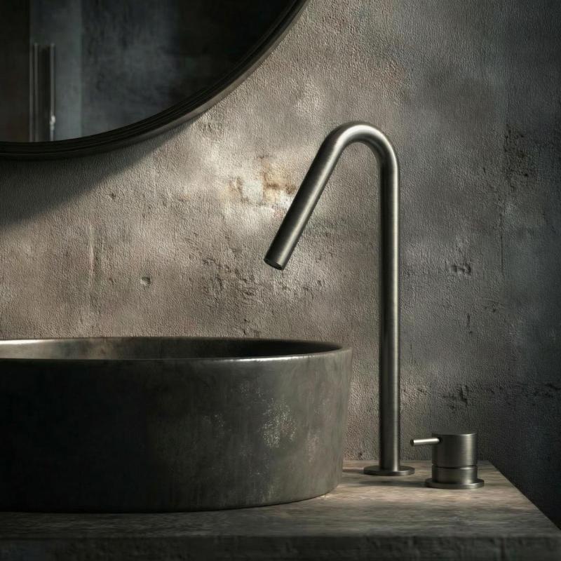 Waterevolution Flow 2-reikäinen pesuallashana PVD Gun Metal, korkea V 120 mm ulostulo T1122VGME