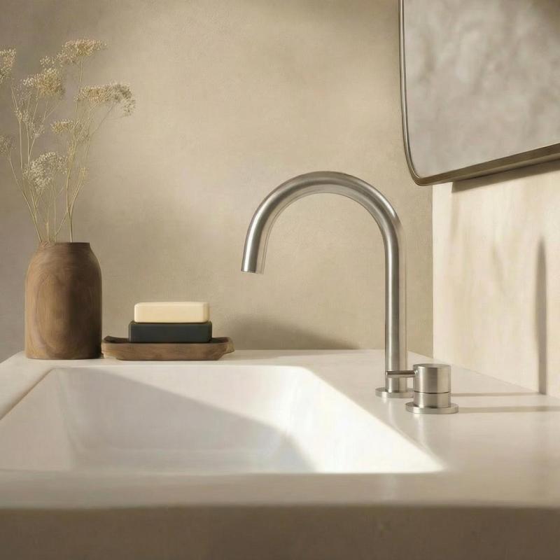 Waterevolution Flow 2-reikäinen pesuallashana kokonaan ruostumatonta terästä, matala U 200mm ulosotto T1121UIE