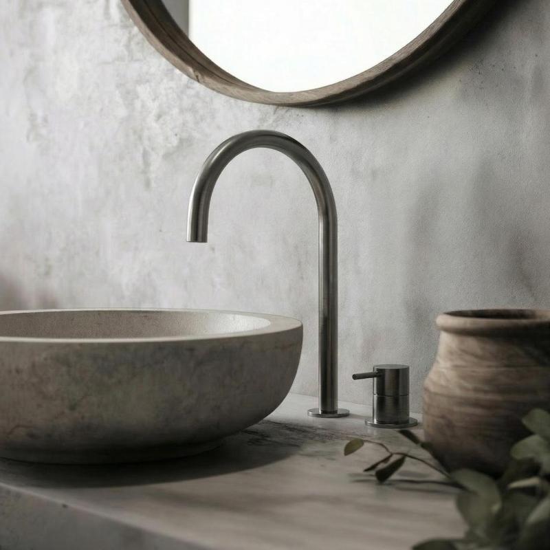 Waterevolution Flow 2-reikäinen pesuallashana PVD Gun Metal, korkea U 200 mm ulostulo T1122UGME