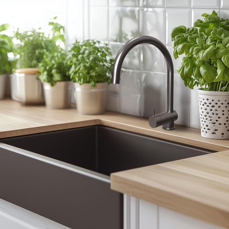 Waterevolution Flow keittiöhana PVD Gun metal ulosvedettävällä juoksuputkella T155GME