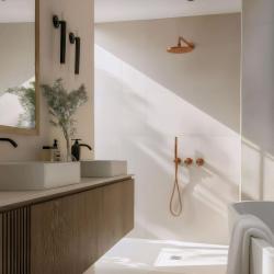 Waterevolution Flow inbouwdoucheset met thermostaat, regendouche en handdouche, geborsteld koper PVD