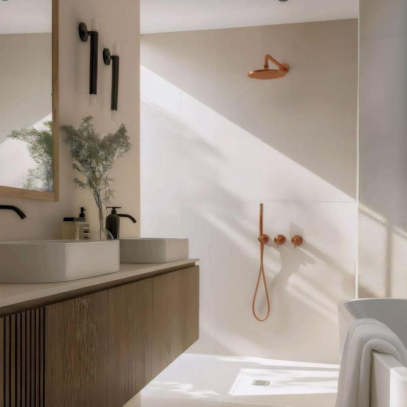 Waterevolution Flow inbouwdoucheset met thermostaat, regendouche en handdouche, geborsteld koper PVD