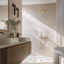 Waterevolution Flow ingebouwde doucheset met thermostatische regendouche en handdouche geborsteld lichtgoud PVD
