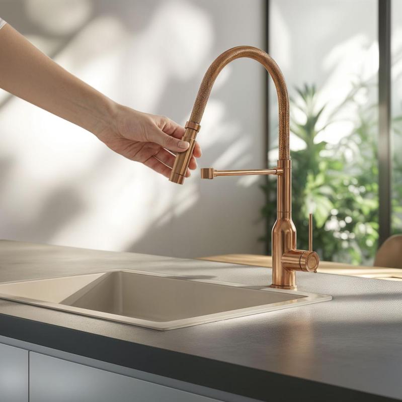 Quadri Stamford hoge keukenkraan met flexibele uitloop PVD geborsteld koper 1208956078