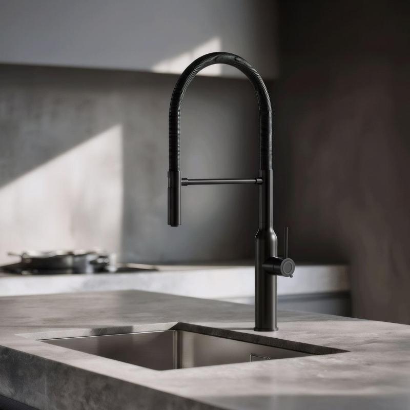 Quadri Stamford korkea keittiöhana joustavalla juoksuputkella, mattamusta 1208956079