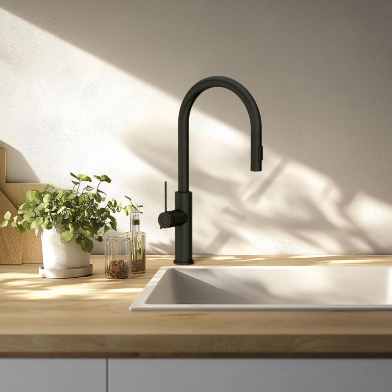 Quadri Retford kitchen mixer tap matt black with removable spout and spray setting 1208956087