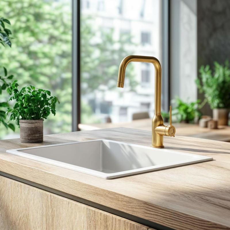 Quadri Stamford keukenkraan PVD goud met draaibare haakse uitloop 1208956098