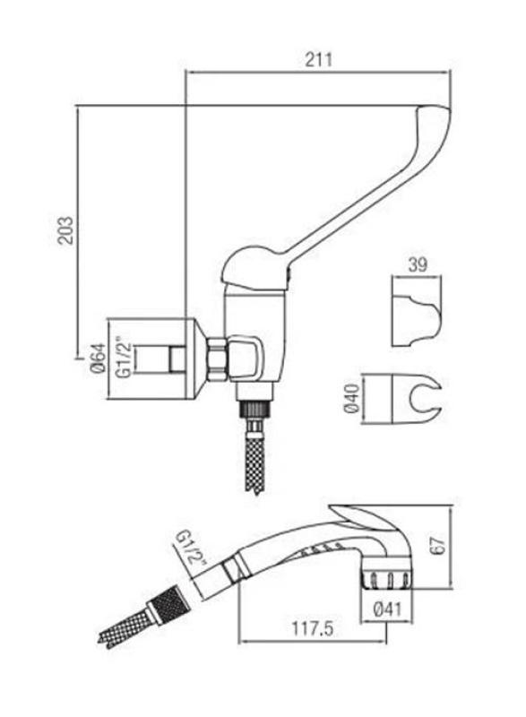 PB Clinic invalidisuihkuhana, jossa on pitkä kahva, kromi ja puristussuihkukahva 1208956283