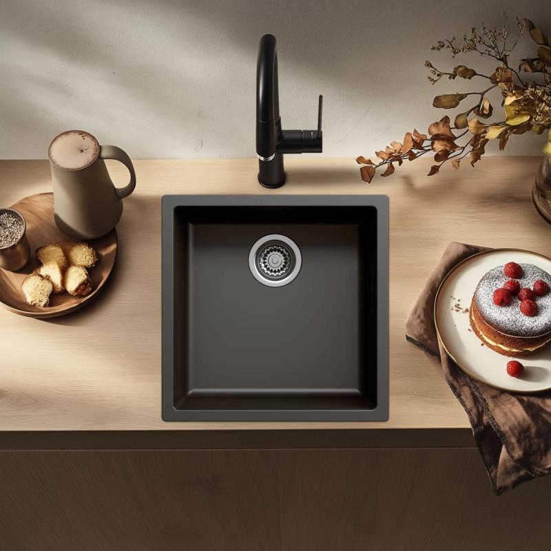 Black sink 40x40cm undermount inset and flush-mounted with stainless steel plug 1208956390