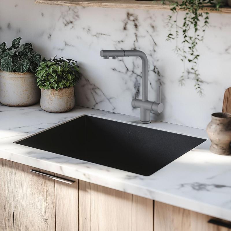 Musta pesuallas 50x40 cm alataso-, päällystys- ja tasorakenteella, jossa musta tulppa 1208956396