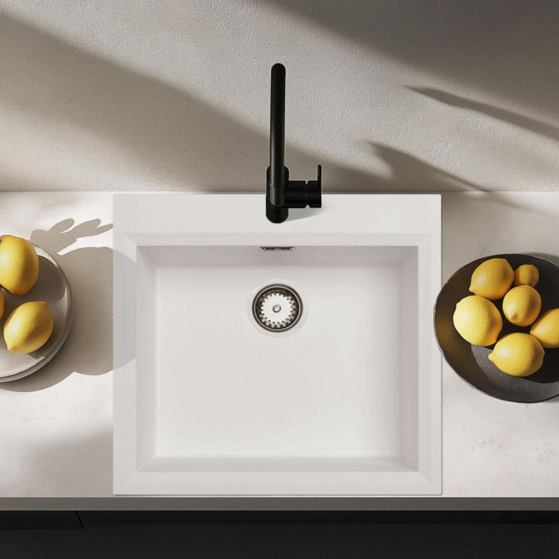 Witte inbouw spoelbak 58x53cm met kraangatbank en roestvrijstalen plug 1208956763