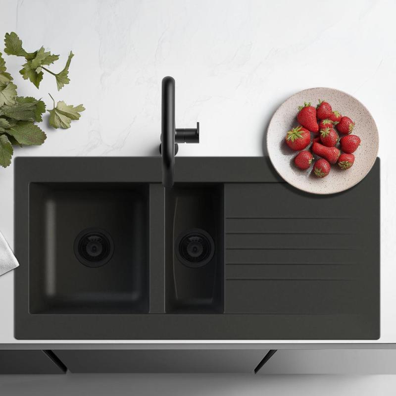 Ausmann Fibre 1,5 musta muovinen pesuallas, käännettävä, tippakourulla, 100x50 cm, mustalla tulpalla 1208956784