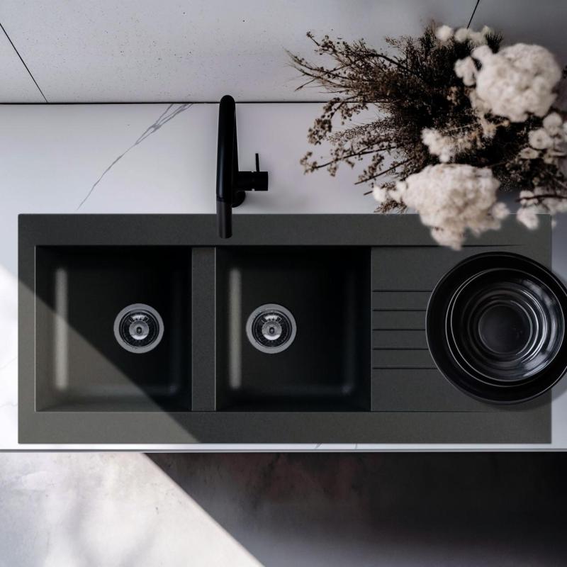 Ausmann Fibre kaksinkertainen musta muovinen pesuallas, käännettävä valutusaltaalla, pinta-asennus 116x50 cm 1208956787