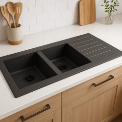 Ausmann Fibre kaksiosainen musta muovinen allas, käännettävä, valutustasolla, päälle asennettava, 116x50 cm, mustalla tulppalla 1208956790