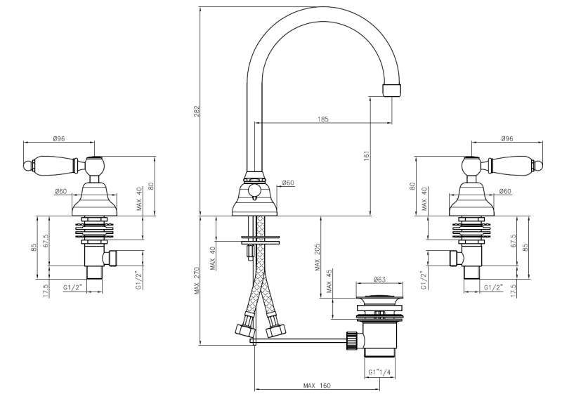 PB klassieke kraan 3-gats wastafelkraan Witte hendels met ronde uitloop Chroom 1208956912