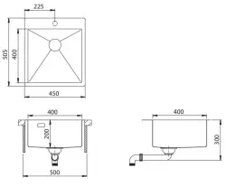 Ausmann Turt RVS keukenspoelbak 450x505mm met kraangat, geschikt voor onderbouw, vlakbouw en opbouw 1208956941