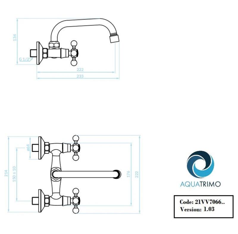 AquaTrimo Vivaldi klassinen pronssinen keittiön seinähana, yläulostulo 21VV7066BN