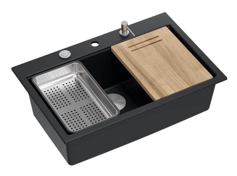 Quadri matta musta kova graniittinen keittiöallas 76x50cm, sisältäen tarvikkeet 1208957201