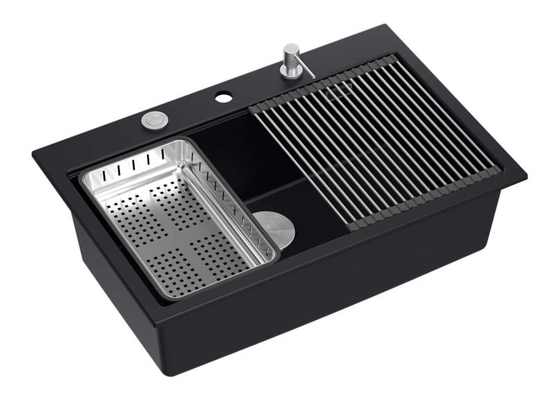 Quadri matta musta kova graniittinen keittiöallas 76x50cm, sisältäen tarvikkeet 1208957201