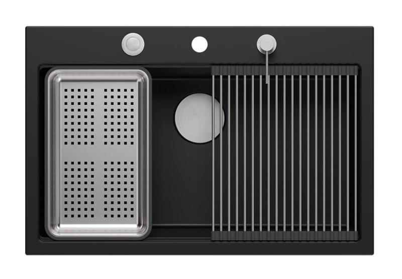 Quadri matta musta kova graniittinen keittiöallas 76x50cm, sisältäen tarvikkeet 1208957201