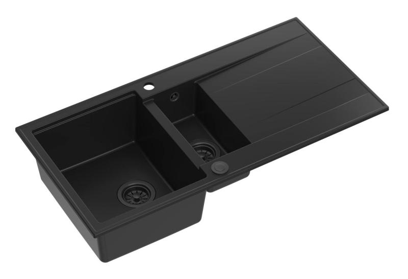 Quadri Luton musta graniitti päälle asennettava 1,5 altaan pesuallas valutustasolla, käännettävä, 100x50 cm, musta tulppa 1208957329