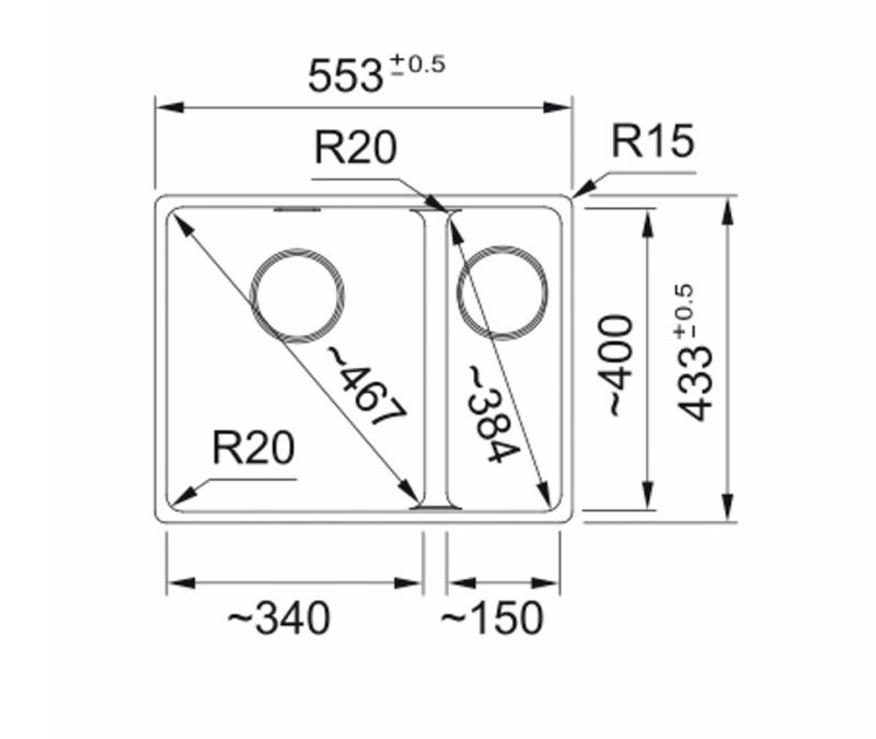Franke Maris MRG 260/160-34-15 Fragranite musta versio mattamusta tiskiallas tasoon upotettava iso allas vasemmalla