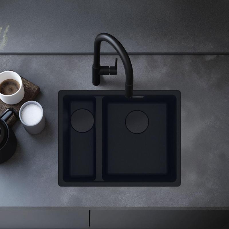 Franke Maris MRG 260/160-34-15 Fragranite musta versio matta musta upotettava pesuallas, iso allas oikealla