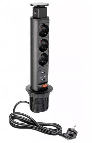 Indux Up & Down kleine verzinkbare zwarte keuken stopcontact in werkblad met randaarde, 3 stopcontacten en 2 x USB 1208957416