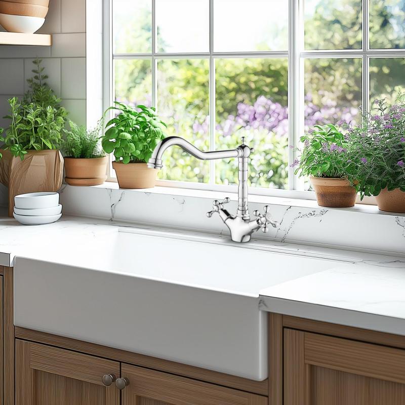 AquaTrimo Windsor klassinen keittiö nostalginen keittiöhana suorakulmainen juoksuputki kromi 21WS7531CM