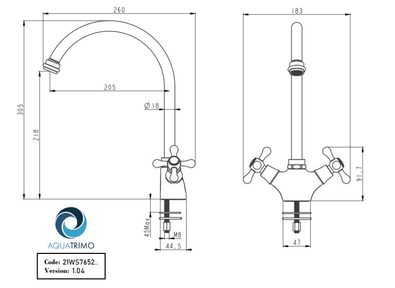 AquaTrimo Windsor klassinen keittiö nostalginen keittiöhana pyöreällä juoksuputkella kromi 21WS7652CM
