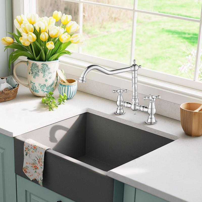 AquaTrimo Windsor 2-reikäinen klassinen keittiön nostalginen silta keittiöhana kulmajuoksuputkella kromi 21WS7653CM