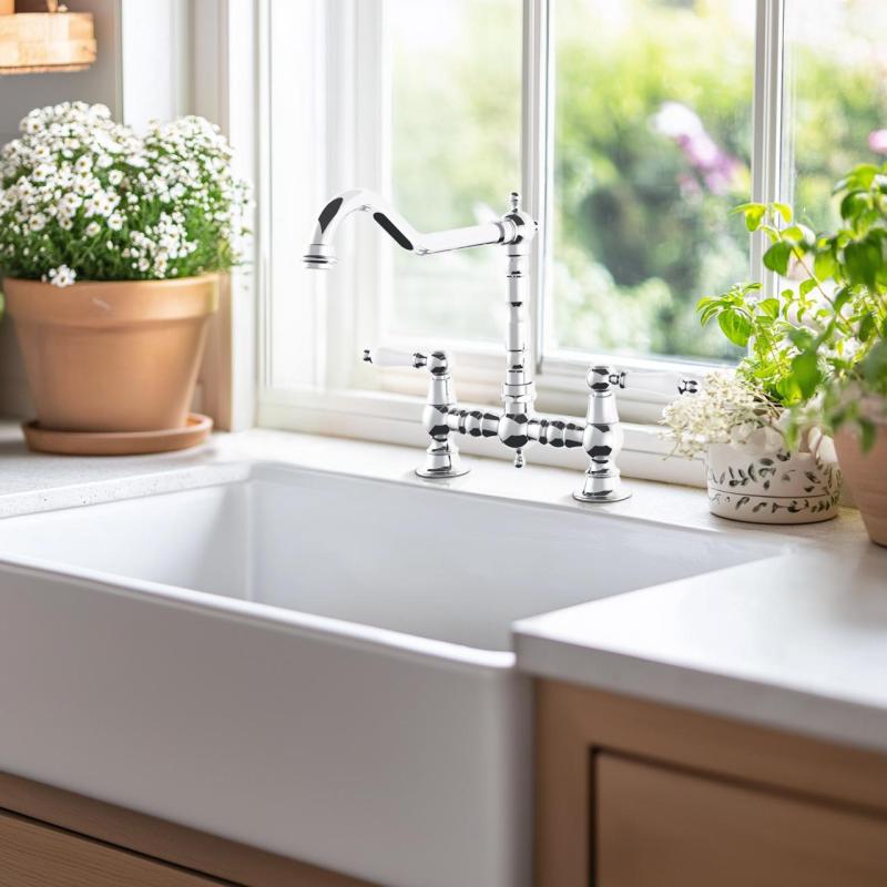 AquaTrimo Country 2-reikäinen klassinen keittiön nostalginen silta keittiöhana kulmasuuttimella kromi 21CT7657CM