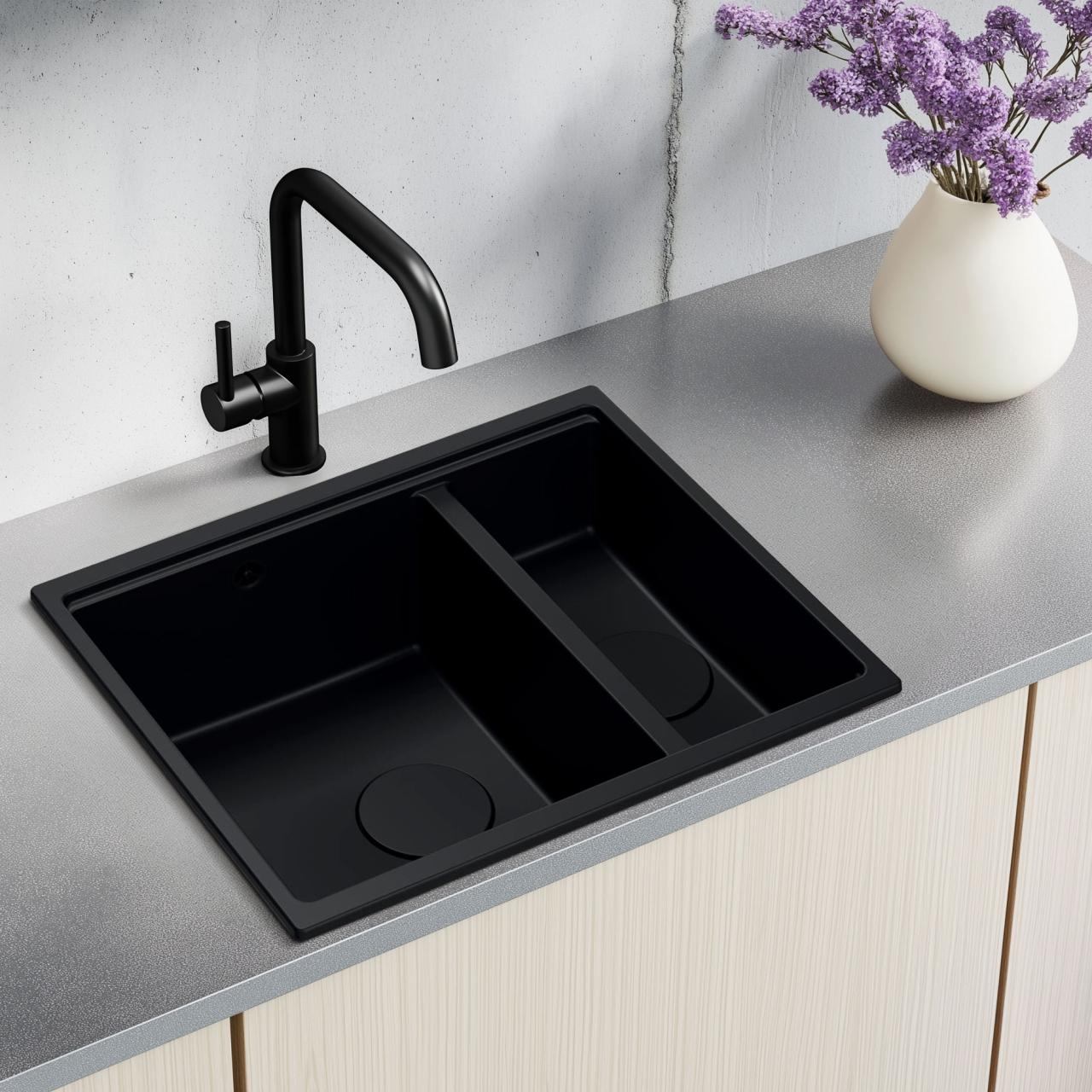 Quadri Newport II musta 1,5-allas graniitti päällinen ja alapuolinen allas 555x460mm ruostumattomalla teräksellä varustetulla tulppalla 1208957861 - Productafbeelding 3