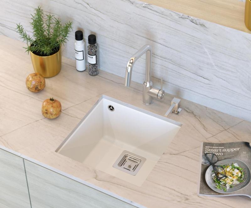 Quadri Quadrangle valkoinen graniittialtaan alusrakenne 42x42 cm ruostumattomasta teräksestä valmistetulla tulppalla 1208957886