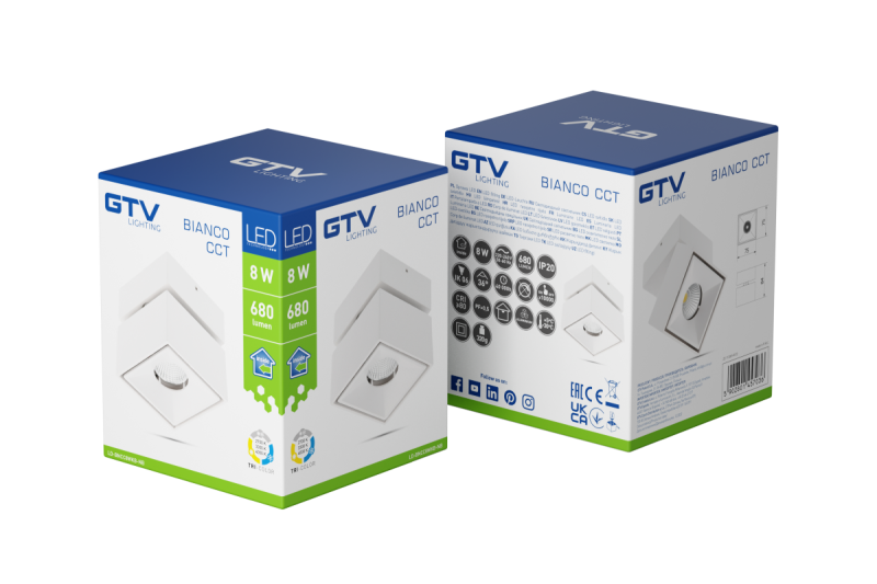 Decoraatio 'LED-valaisin bianco CCT 8W 680lm AC220-240V 50/60 Hz Ra≥80 IP20 36° 2700/3300/4000K neliö valkoinen' 1208962675