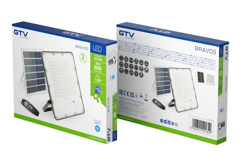 LED-tulvavalo BRAVOS, 200W, 2000lm, 6400K, IP65, 120°, aurinkopaneeli, kaukosäädin, 3y 1208962683