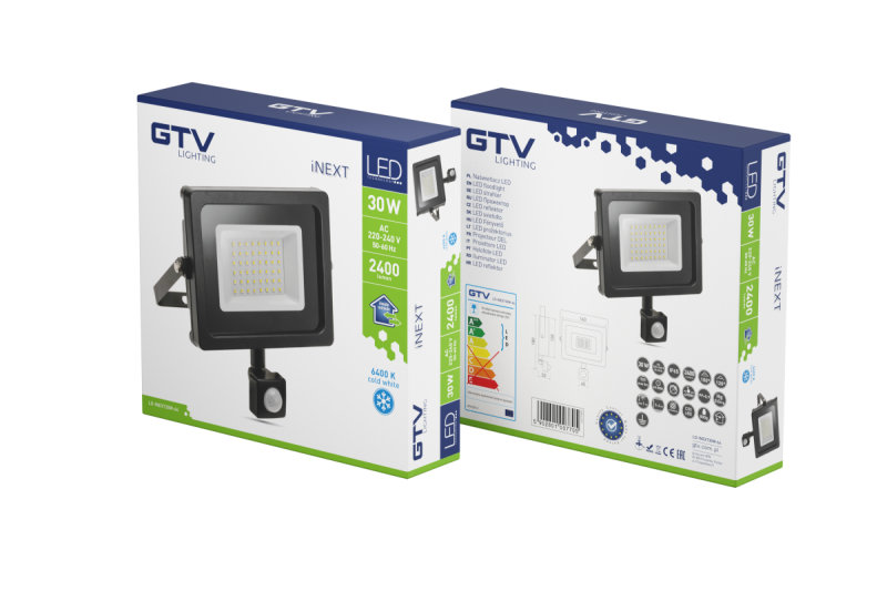 LED-valonheitin iNEXT liiketunnistimella 30 W 2400 lm, PF>0,9, RA>80, IP65, 120°, 6400 K, musta runko 1208962860